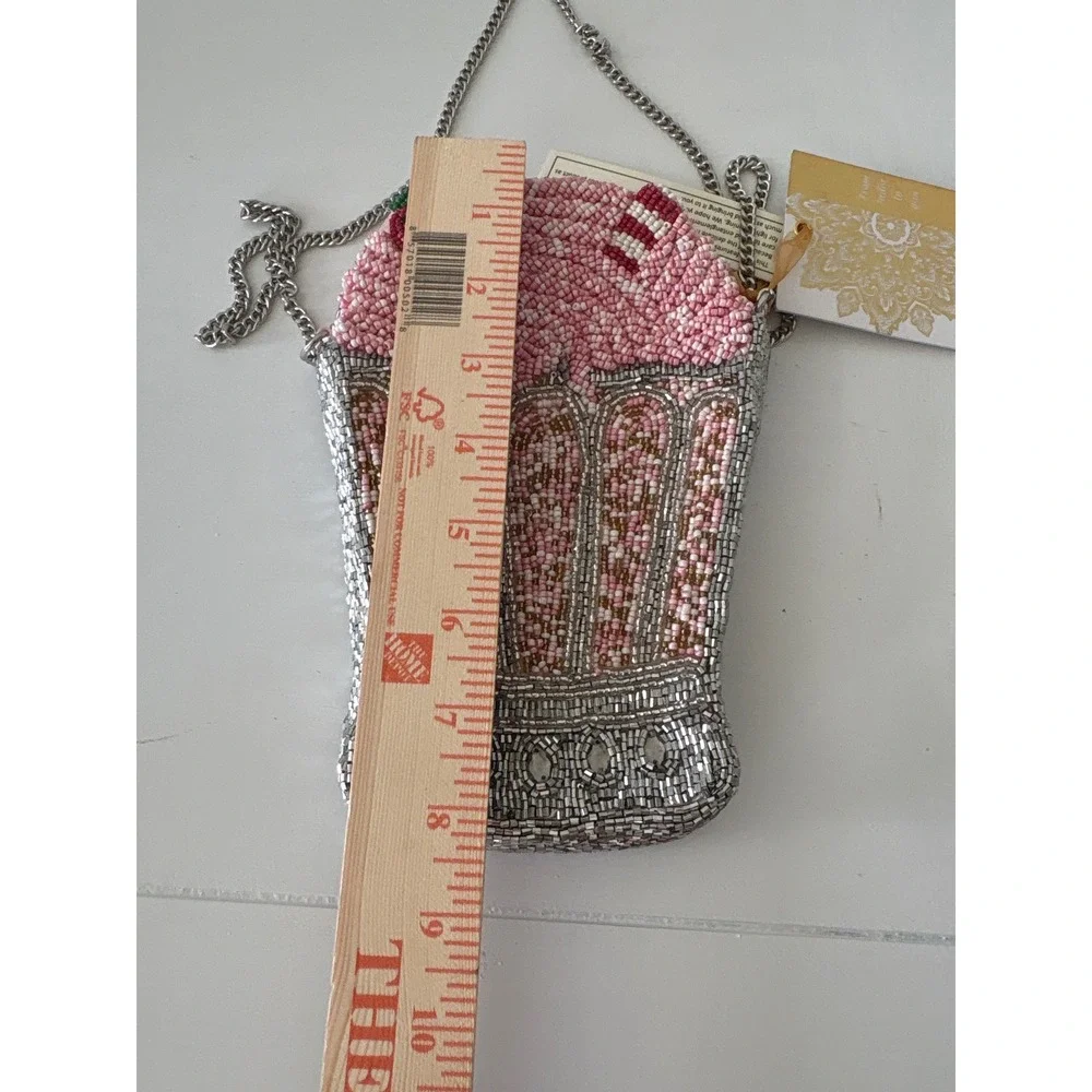 New Beaded Strawberry Milkshake Crossbody Bag Pink Silver Novelty Purse - Picture 4 of 5